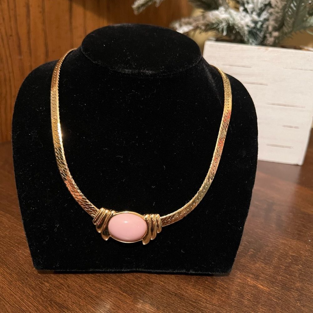 Trifari Vintage Collar Necklace Pink Cabochon Gold Chain Signed 1980s